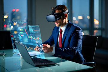 Businessman using virtual reality headset to analyze stock market data