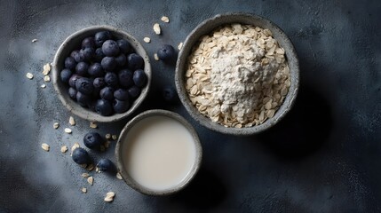 A healthy breakfast of oats blueberries and almond milk