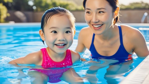 Joyful Moments: Mother and Daughter Bonding in the Swimming Pool