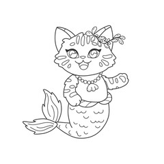 Coloring book for kids with little mermaid cat. Kawaii mermaid kitten coloring page to print.  Cute underwater character art line