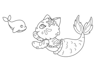 Mermaid cat with little dolphin art line for coloring page. Preschool coloring page with kawaii mermaid kitten.  Friendship under water. Educational coloring book for kids
