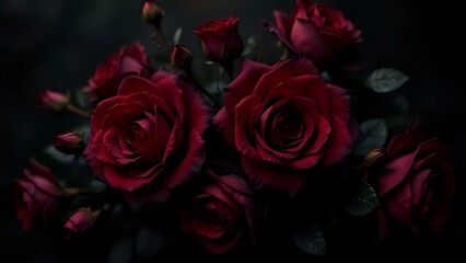 Dark romantic floral background in deep burgundy and black with moody roses and soft grain texture