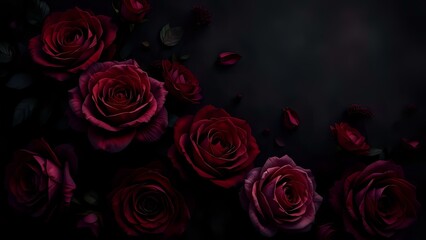 Dark romantic floral background in deep burgundy and black with moody roses and soft grain texture