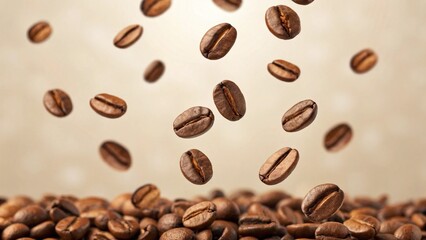 Obraz premium Roasted Coffee Beans Falling in Air Over Pile with Blurred Background for Cafe and Coffee Concepts