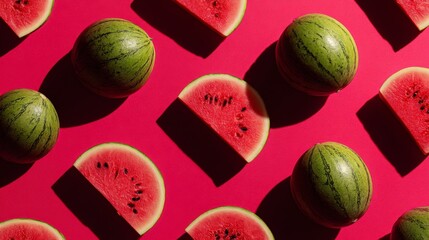 Top-view flat lay of a cute watermelon pattern on a solid color background, summer theme, high-resolution photography with rich details.