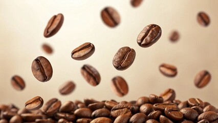 Obraz premium Roasted Coffee Beans Falling in Air Over Pile with Blurred Background for Cafe and Coffee Concepts
