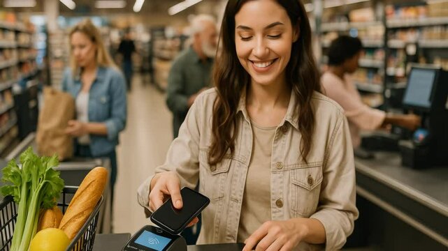 Young woman using smartphone for contactless payment at grocery checkout
