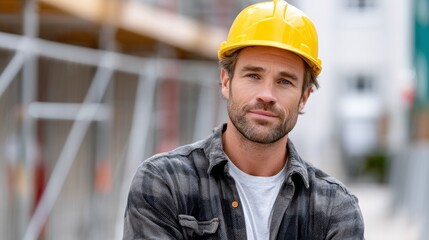Man wearing a yellow hard hat and a plaid shirt is smiling for the camera. He looks confident and happy