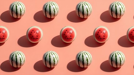 Solid color background highlights a cute watermelon pattern in top-view flat lay, summer-themed high-resolution photography with intricate details for seasonal designs.