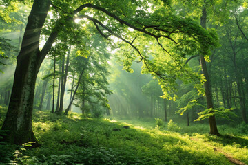 Obraz premium A lush green forest through the leaves with sunlight shining