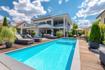 Fototapeta premium Modern home featuring a pool, deck, lounge chairs and manicured garden against a blue, cloudy sky