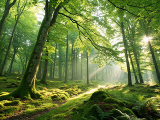Obraz premium A lush green forest through the leaves with sunlight shining