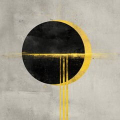 Stylized minimalist art black circle and thin yellow line on gray background, abstract geometric