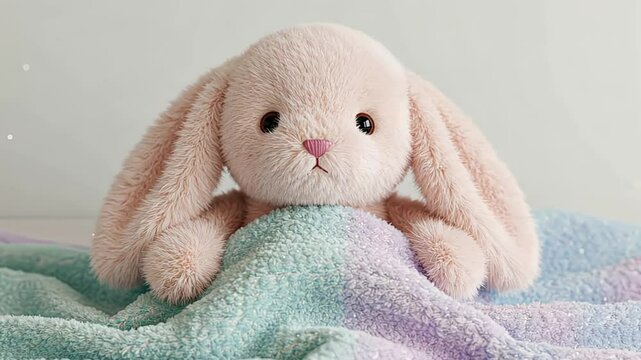 Plush bunny toy nestled in a soft blanket cute and cuddly
