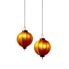 Two golden chinese lanterns hanging isolated on white background