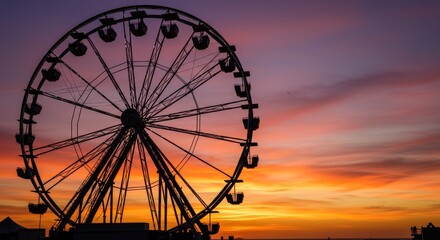 Photo Silhouette Of Ferris Wheel At Sunset With Orange And Purple Hues