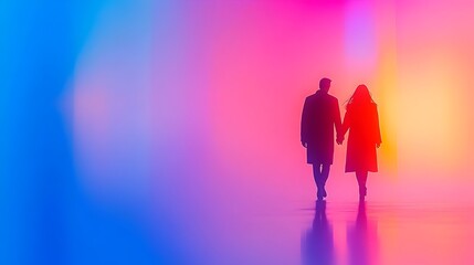 Silhouetted couple, hand-in-hand, walking away into a vibrant, multicolored, blurred background.  Their coats and reflections are visible