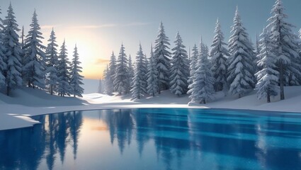 Obraz premium Tranquil Winter Landscape: Frozen Lake Reflecting Snow-Covered Trees