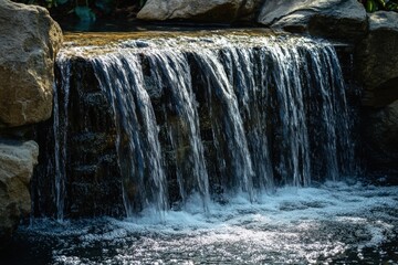 Cascade flowing over rocks in sunlight