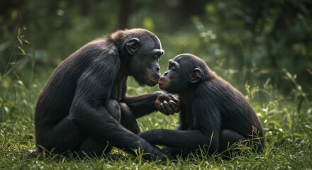 Photo of Two Chimpanzees Kissing in a Green Forest Environment