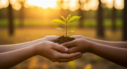 Photo Two Hands Holding Green Plant Seedling Together in Sunlight