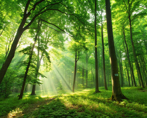 Obraz premium A lush green forest through the leaves with sunlight shining