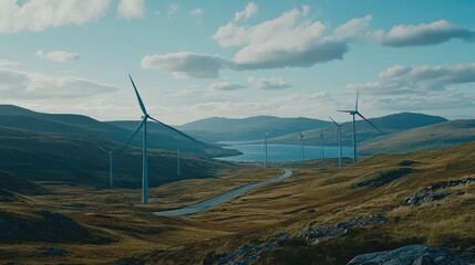 A wide view of a wind farm with multiple wind turbines spinning under a blue sky and scattered clouds