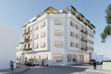 Modern Mediterranean building render. El Garrofí project in Spain with terraces, natural light, and restored historical elements. Ideal for architecture and real estate visuals.