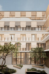 Modern Mediterranean building render. El Garrofí project in Spain with terraces, natural light, and restored historical elements. Ideal for architecture and real estate visuals.