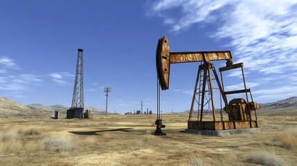 Oil rig equipment and heavy-duty pump jacks in dry, remote industrial location
