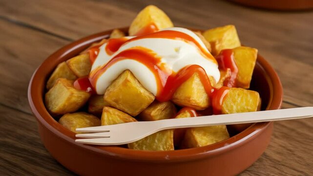 Savory patatas bravas served with sauce in a rustic bowl at a bustling tapas bar
