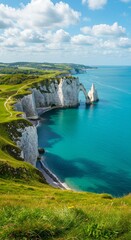 Photo of White Cliffs and Turquoise Sea Under a Blue Sky in ?tretat France