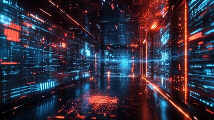 Obraz premium A high-tech quantum computer running complex simulations, surrounded by holographic data streams