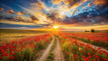 Serene Sunset over a Vibrant Poppy Field with a Dirt Road Leading Towards the Golden Horizon