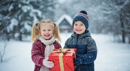 Photo of Cheerful Children Holding Gift Box during a Snowy Winter Day