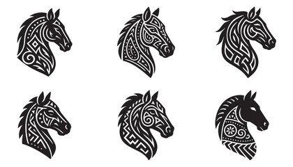 Set of horse head silhouettes ornate vector art for design projects