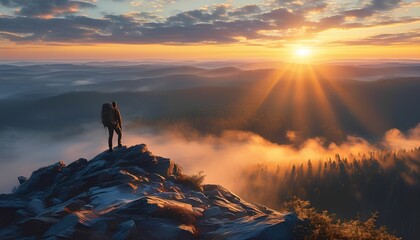 A realistic image of a hiker at sunrise on the summit of a hill. The first light of day breaks over a foggy forest below, casting golden rays across the landscape. The hiker stands still, silhouetted 