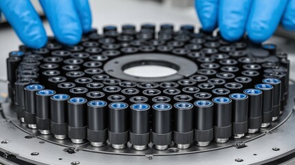Hands in blue gloves manipulate a circular array of cylindrical objects.