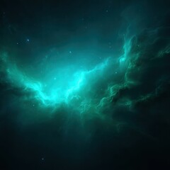 Turquoise nebulae swirl, light emitting against a dark backdrop, revealing distant stars