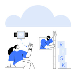 Person wearing fitness tracker, another measuring risk concept on a scale. Ideal for healthcare, data analysis, technology, wearable devices, health innovation, risk assessment, simple landing page