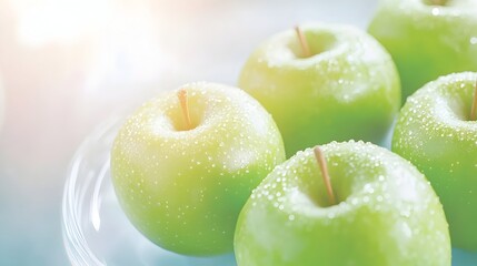 Four dewy green apples on a clear glass plate, bathed in soft sunlight