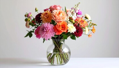Naklejka premium Vivid bouquet in clear vase. Colorful blooms on white background