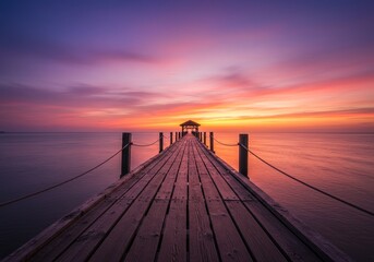 Obraz premium Photo of Wooden Pier Leading To Structure During Sunset with Purple Sky