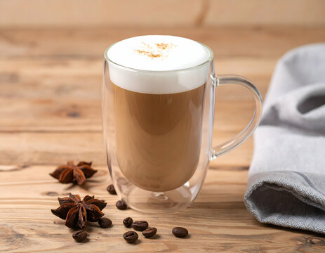 Double-Walled Glass Mug of Latte with Star Anise and Coffee Beans on Wooden Table