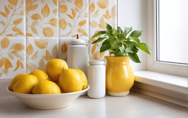 bright minimal kitchen with citrus fruit decor, bowl of lemons on counter, orange-patterned tiles, natural morning light, tones: white, sunny yellow