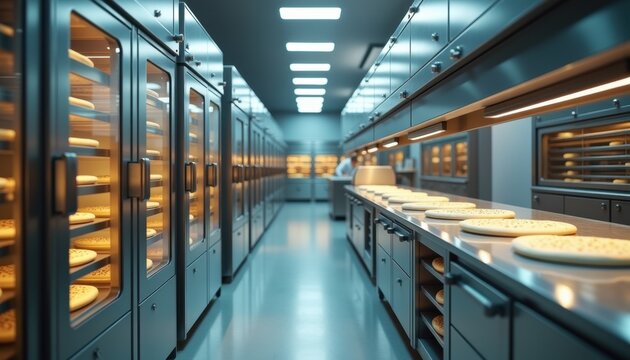 High fidelity industrial bakery kitchen with fresh dough preparation and copy space