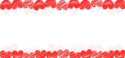 Abstract horizontal frame of red hearts on white background, Valentine's Day frame, hand drawn illustration, copy space, flat style.