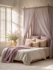 calm bedroom interior with airy canopy bed, linen sheets, soft dappled sunlight through shutters, tones