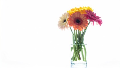 Fototapeta premium Colorful gerbera daisies in a glass vase against a bright white background, centered right