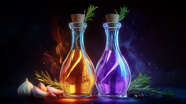 Magical Potion Bottles Fantasy Elixir Glass Bottles Purple Orange Herbs Rosemary Garlic Dark Background Mystic Fantasy Drink      